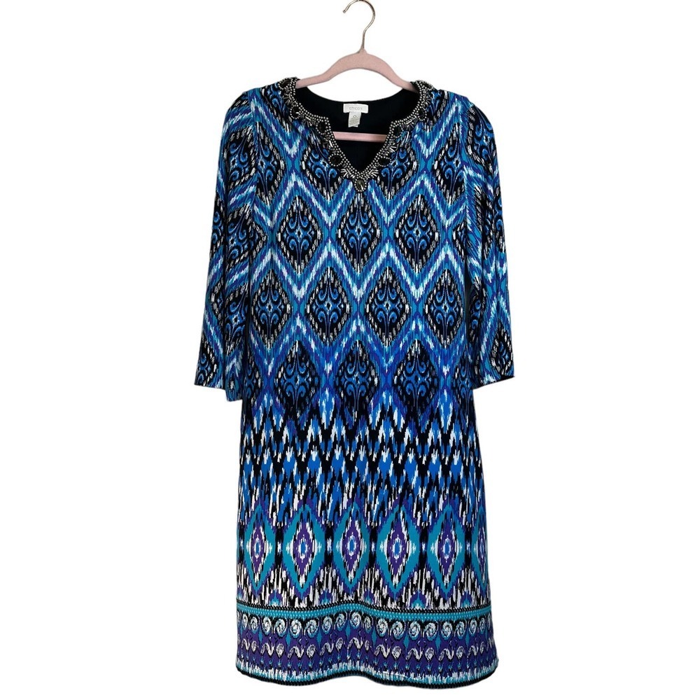 Chicos Shift Dress Womens S Blue Black 3/4 Sleeve Jeweled Neck Boho 3/4 Resort - Picture 1 of 6